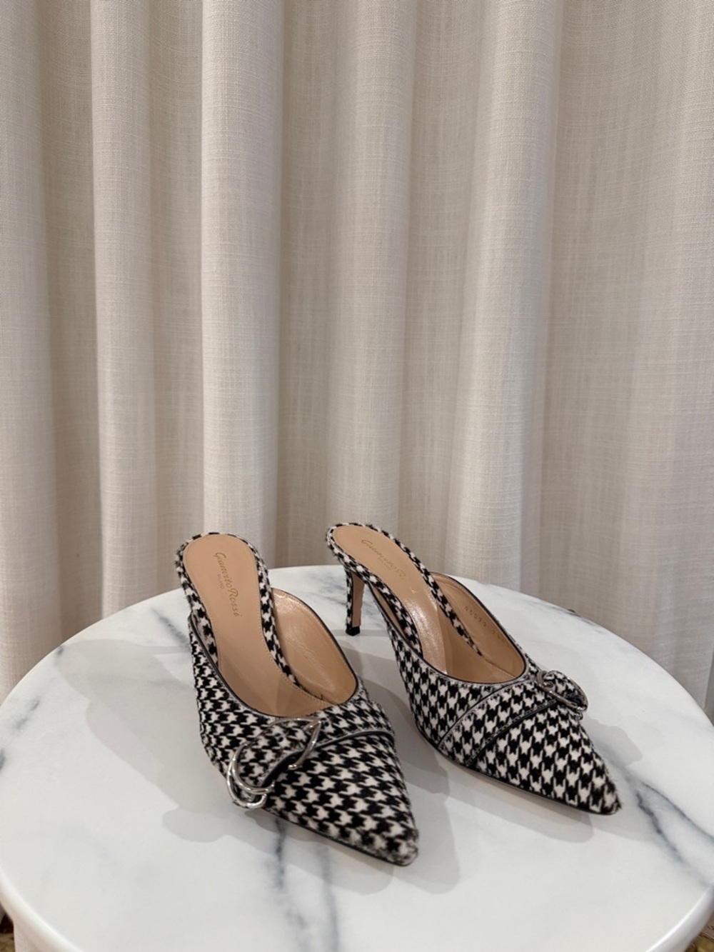 Gianvito Rossi Black & White Houndstooth Pointed-Toe Mule Heels